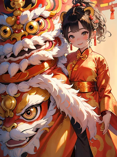 dream to be((lion dance girl))of cute girls, ((preschool))，装扮成lion dance girl，wear(((hanfu robe))), background：chinese style bui...