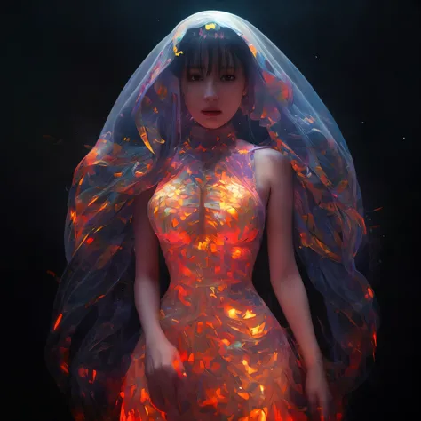 there is a woman with a veil and glowing body in a dark room, beeple and james jean, 3 d neon art of a womens body, beeple and a...