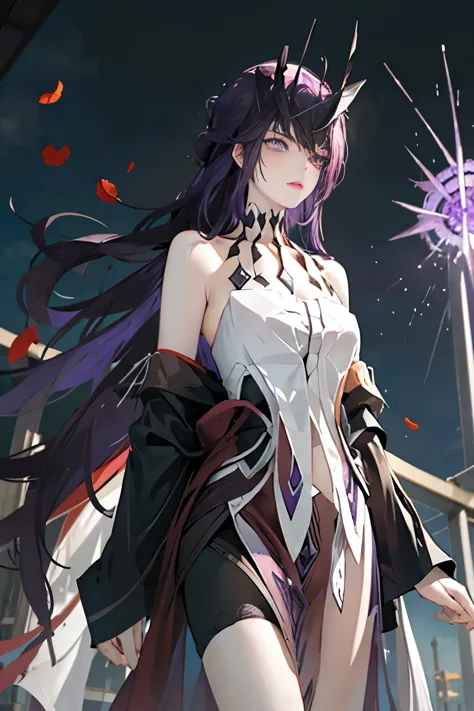 raiden shogun_genshin, standing, 1girl, purple hair pin, ((dark purple hair)),(cowboy shot, close-up), hair between eyes, purple...