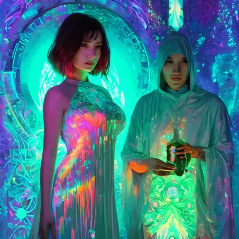 there is a woman with a veil and glowing body in a dark room, beeple and james jean, 3 d neon art of a womens body, beeple and a...