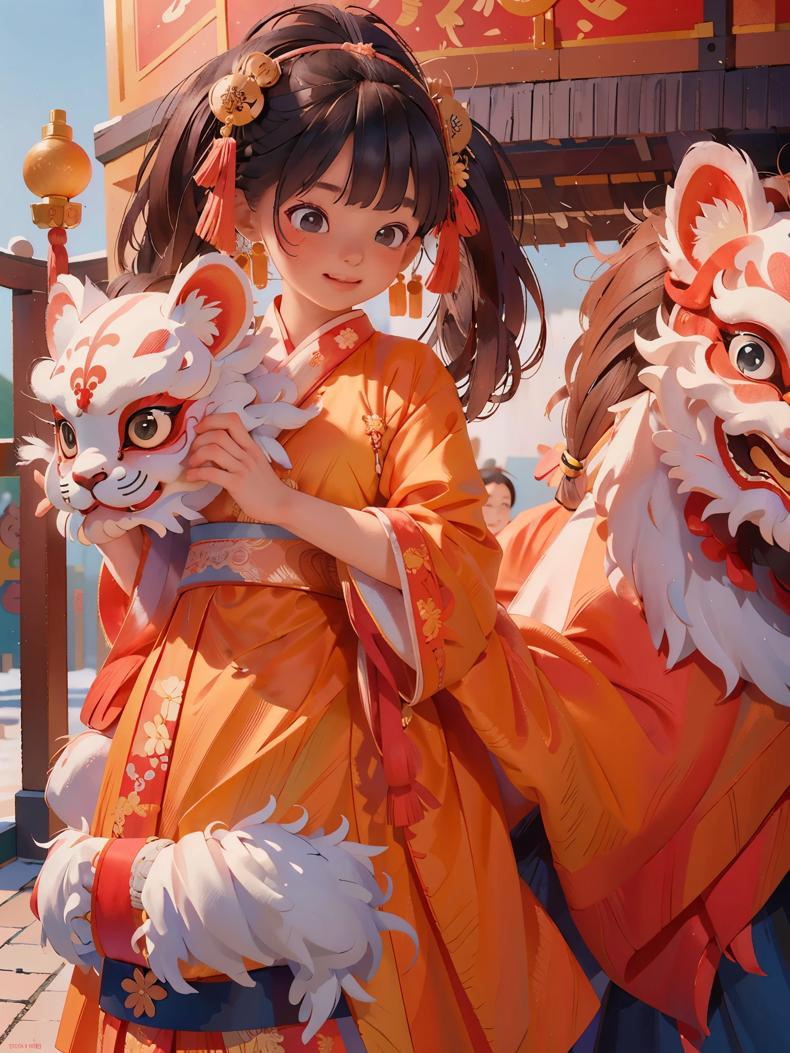 cute girl，wearing(((Hanfu robe))), background：Chinese style buildings，Standing at the lion dance performance，Wear traditional Chinese clothing to welcome the winter solstice festival, Holding the lion mask，Highlight the festive spirit，Picturesque snow scenery around, Artistically rendered with vibrant colors and stunning attention to detail. Great for greeting cards, digital wallpaper, 