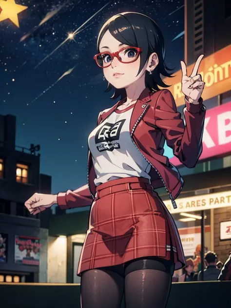 Sarada Uchiha with short hair, black eyes, wearing red glasses, she is wearing earrings and strings. She is dressed like a punk ...