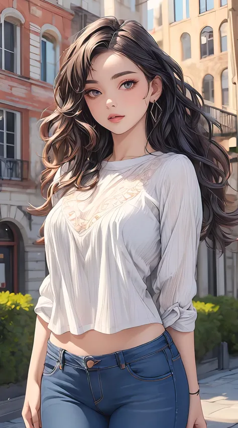 (best quality, masterpiece, ultra-detailed, photorealistic:1.3), wavy hair, wide hips, blouse, jeans, city park
