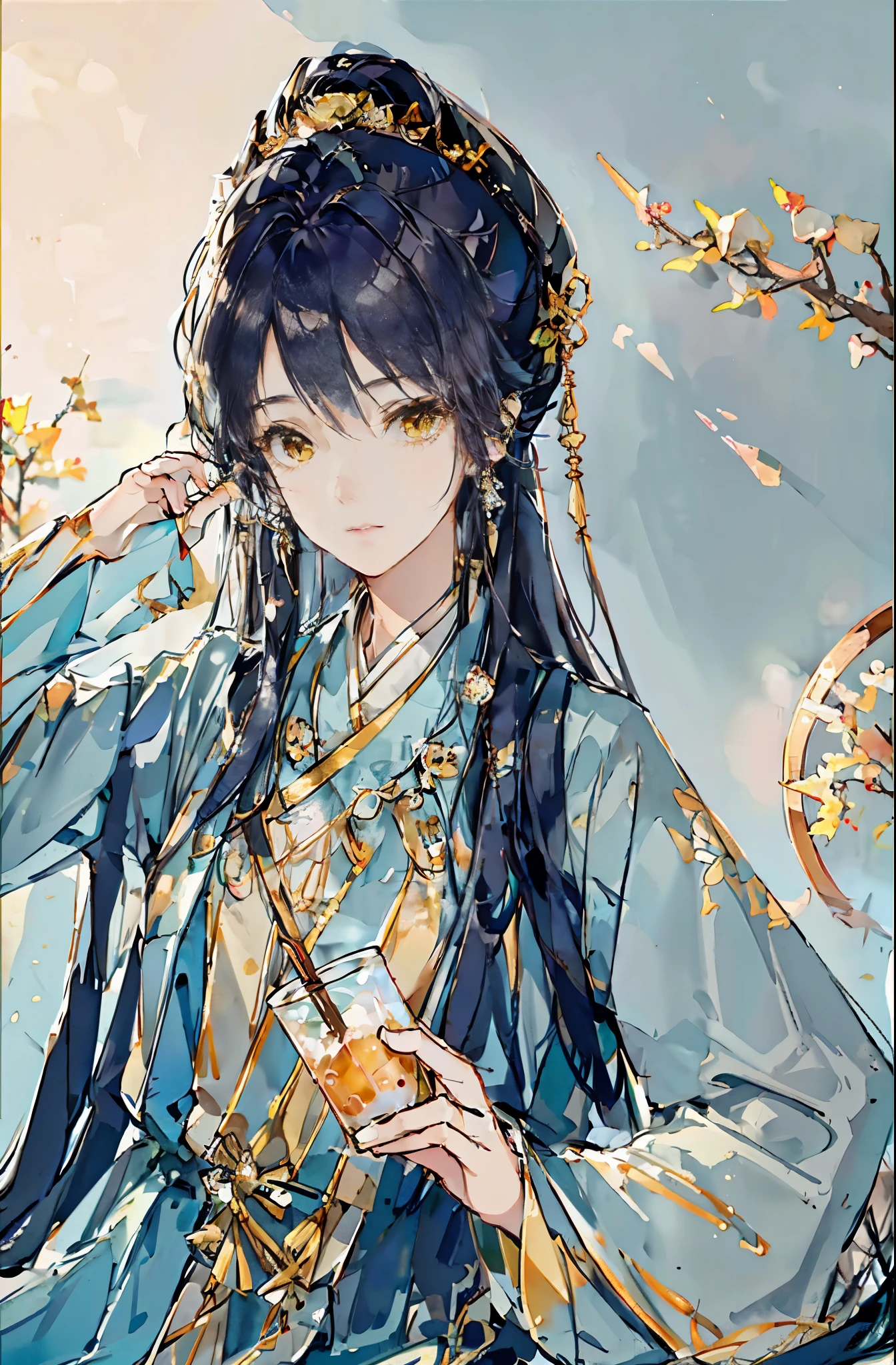 Best quality at best，Complicated details，A high resolution，（beautiful detailed  water：1.4），（Hanfu，Tang Feng），Yellow eyes，（Girl in a glass jar：1.1），drinking milktea