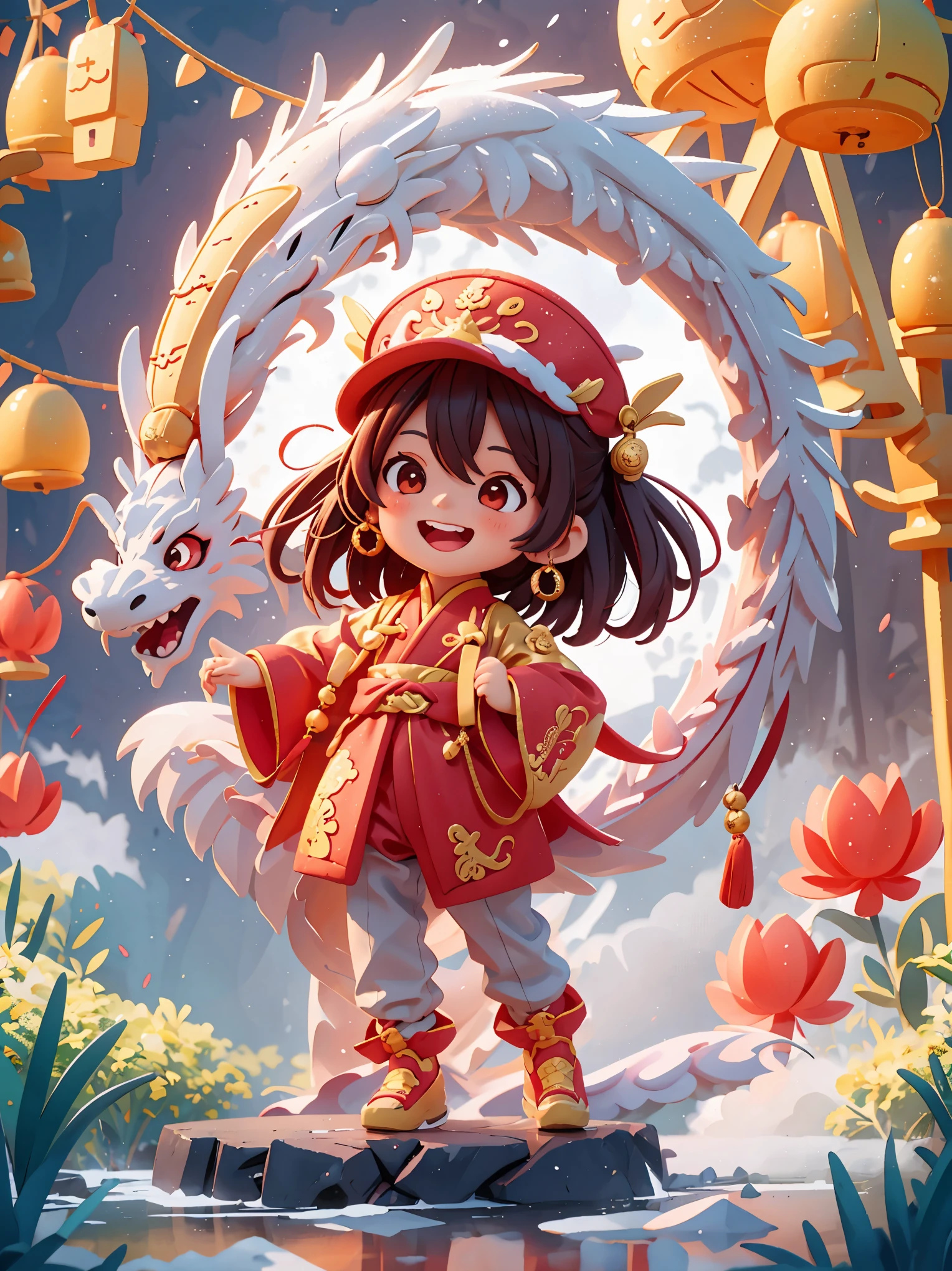 masterpiece,(best quality),Very detailed,Super detailed, (1 girl), Chinese traditional clothing, Red Clothes, dragon hat, dragon, vivid appearance, Eyes full of joy, shining fireworks, gold, red, smiley face, Red Lantern, warm light, festive atmosphere, bustling street, Expressions of joy and excitement, The unique charm of the Spring Festival Gala, high definition resolution, artwork.