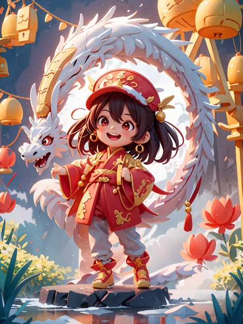 masterpiece,(best quality),Very detailed,Super detailed, (1 girl), Chinese traditional clothing, red衣服, dragon hat, dragon, vivi...