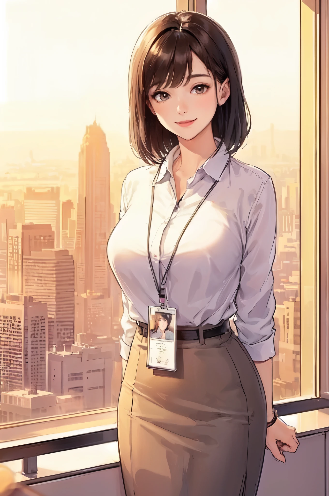 1lady standing, office worker outfit, (id card) lanyard, mature female, /(dark brown hair/) bangs, light smile, (masterpiece best quality:1.2) delicate illustration ultra-detailed, large breasts BREAK /(modern office indoors/), window skyscraper