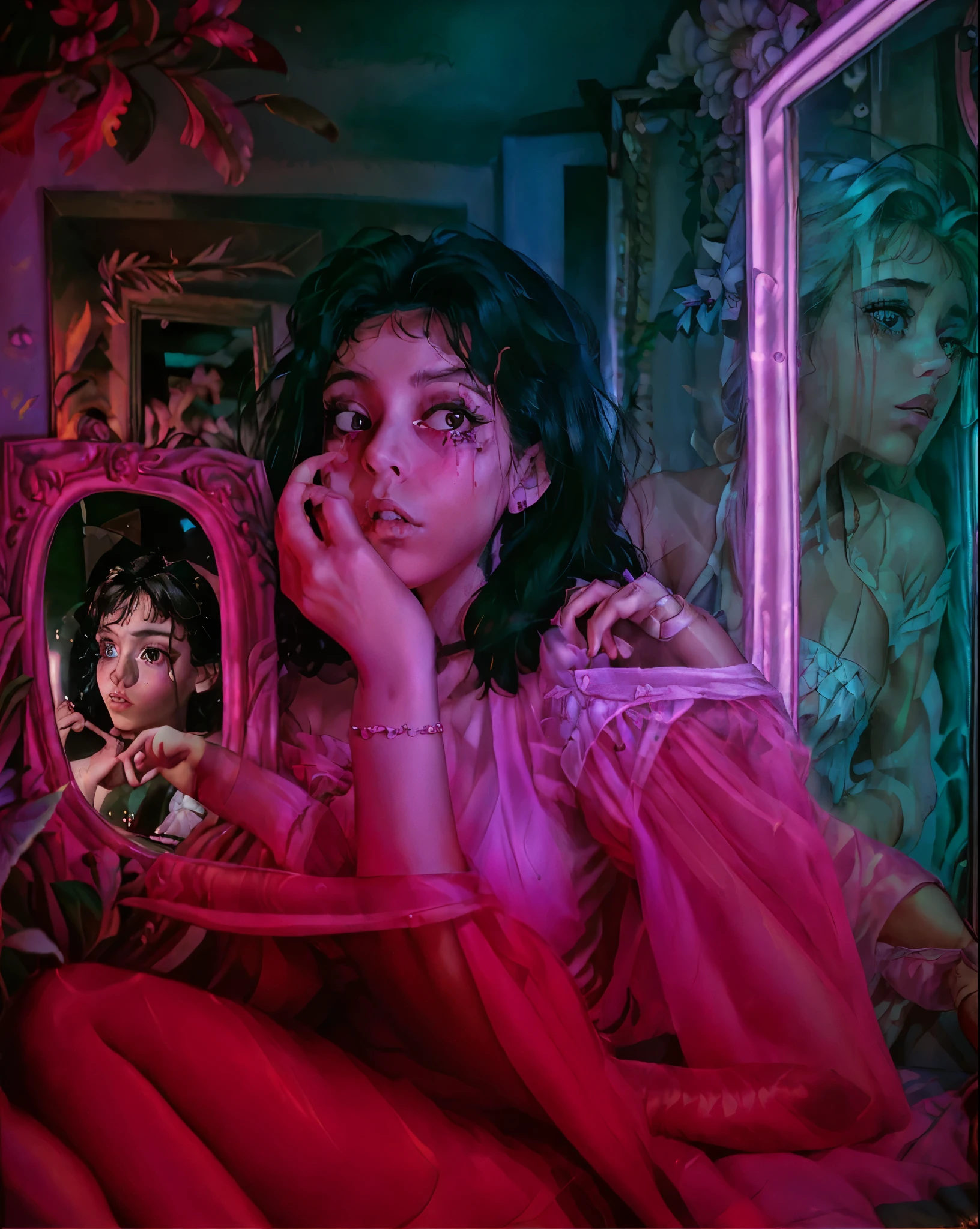 araffe woman looking at herself in a mirror in a bedroom, inspired by Nan Goldin, in style of nan goldin, inspired by Elsa Bleda, in style of petra collins, mirror selfie, inspired by Cindy Sherman, inspired by Winona Nelson,