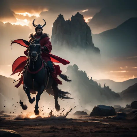 lubu mounted on the swift red hare, raised the sky piercer raised and a billowing red robe, lu bu emanates a commanding and form...