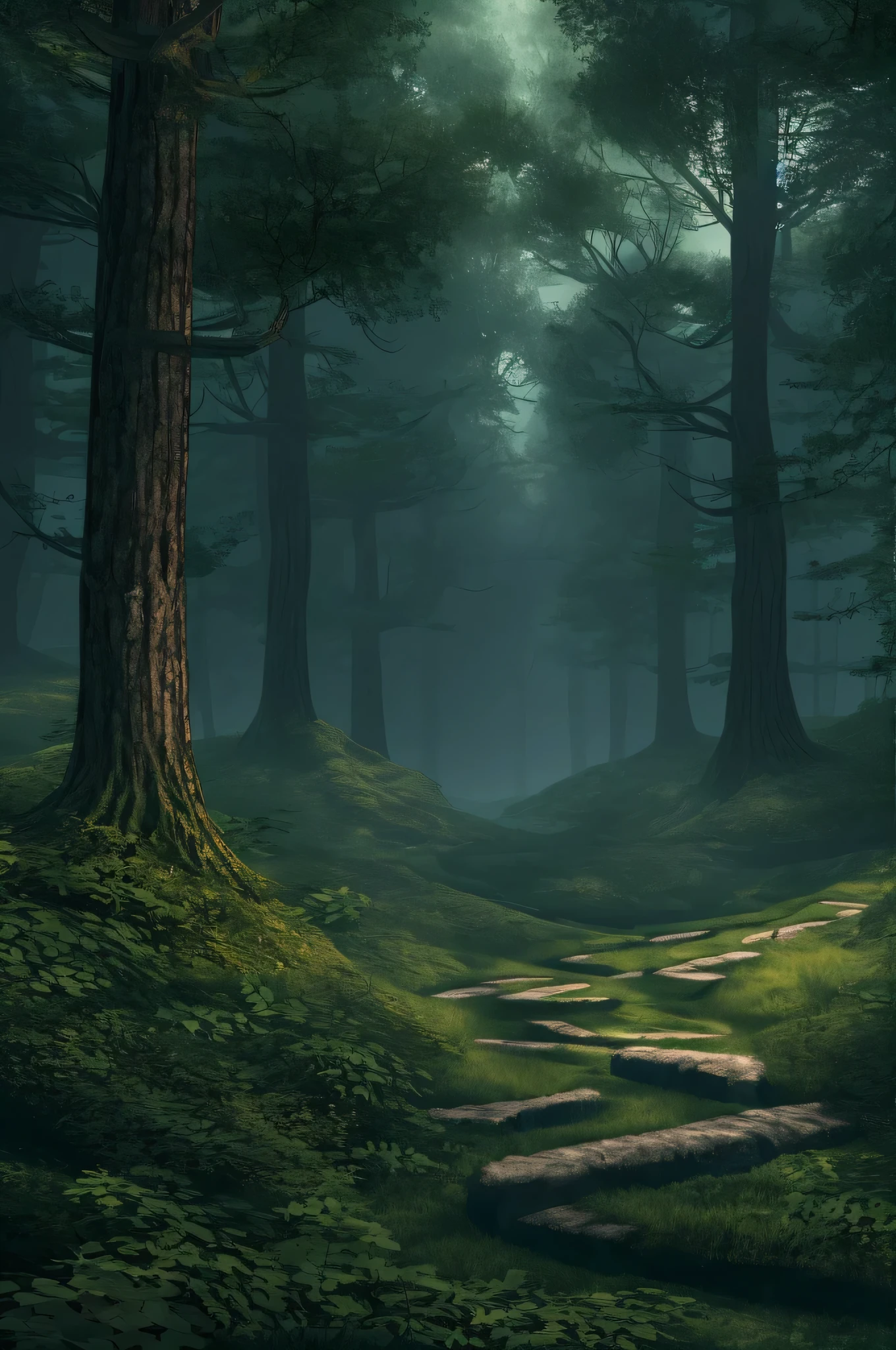 ((extremely detailed CG Unity 8k wallpaper)), masterpiece, ultra detailed, floating, a high resolution, dark forest, gloomy atmosphere, Old way, dark trees,