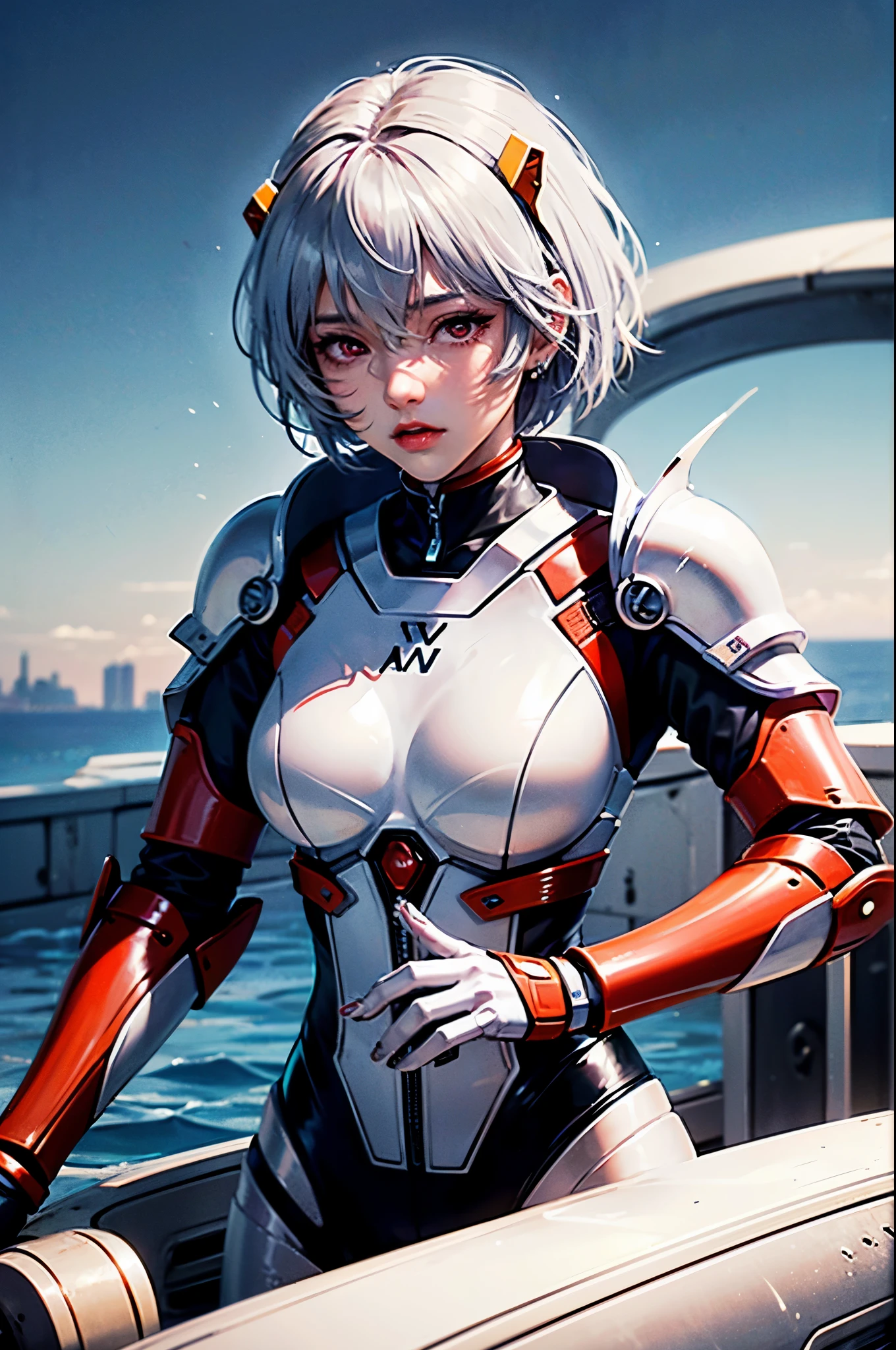 ((Masseter muscle part)),highest quality, enlightenment, beautiful and fine eyes, beautiful fine hair, floating hair, 1 girl, ayanami, short hair, armor, Expressionless, skin, solo, turtleneck, body suit, Mecha, super shiny silver latex suit