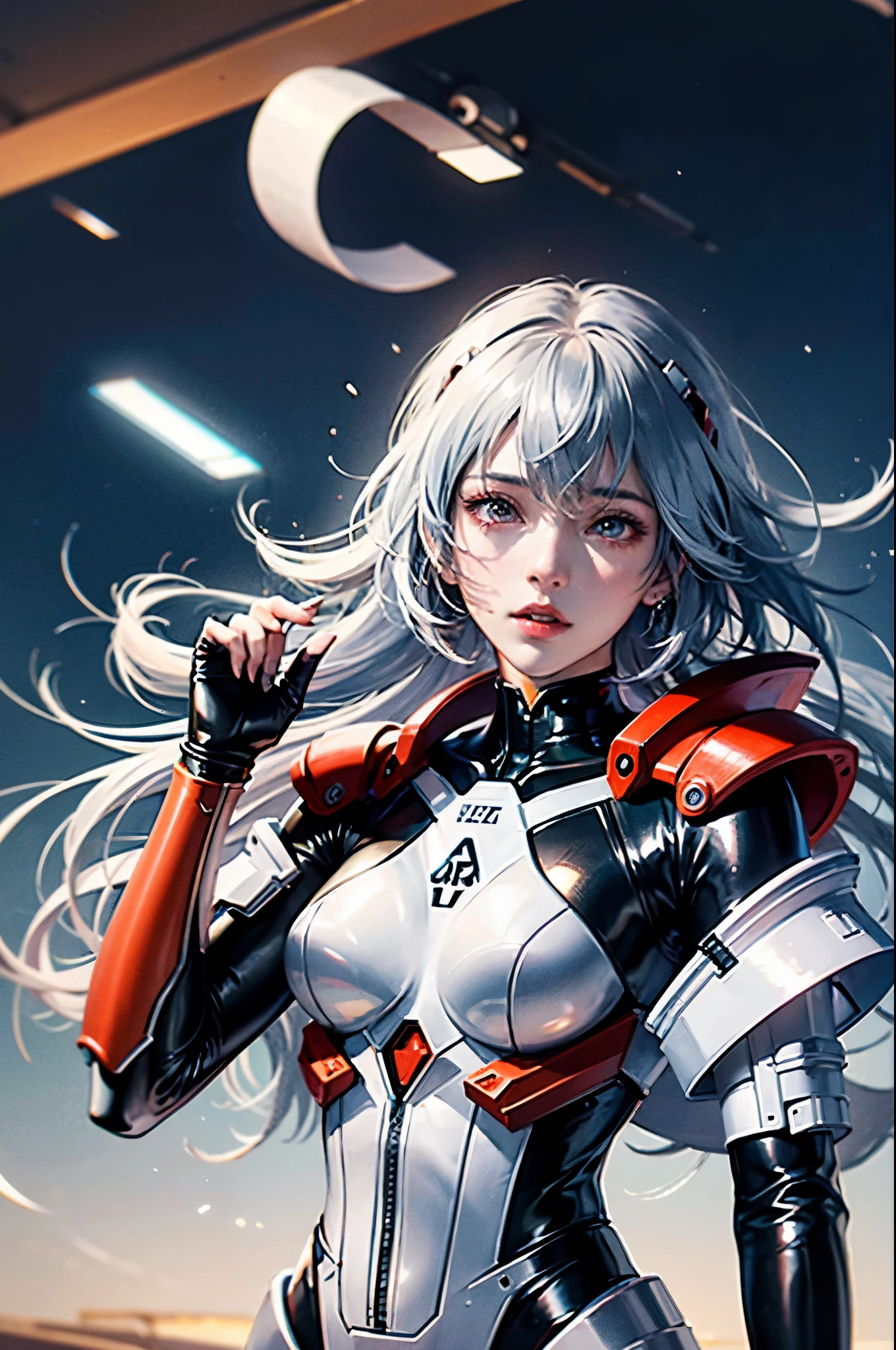 ((Masseter muscle part)),highest quality, enlightenment, beautiful and fine eyes, beautiful fine hair, floating hair, 1 girl, ayanami, short hair, armor, Expressionless, skin, solo, turtleneck, body suit, Mecha, super shiny silver latex suit