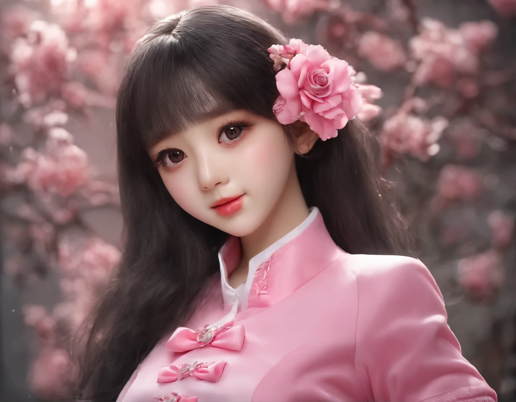 Surrealism，So charming，Oval face、big eyes、straight nose、sexy lips，1.66 meters，Pink nurse's uniform，Pure white turtleneck cheongsam top，Narrow black skirt，Twenty-three inch waist，，Rose red three-inch high heels