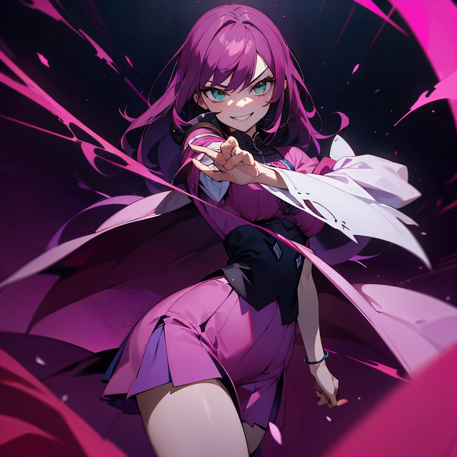 1 girl, dark pink hair, green eyes, beautiful girl, villain, grin, psycho, psycho smirk, straight hair, (((noble cloth))), short skirt, purple cloth, detailed eyes 