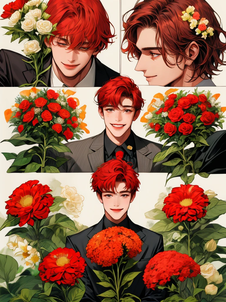 masterpiece, collage of little boy holding flowers, happy, short red hair