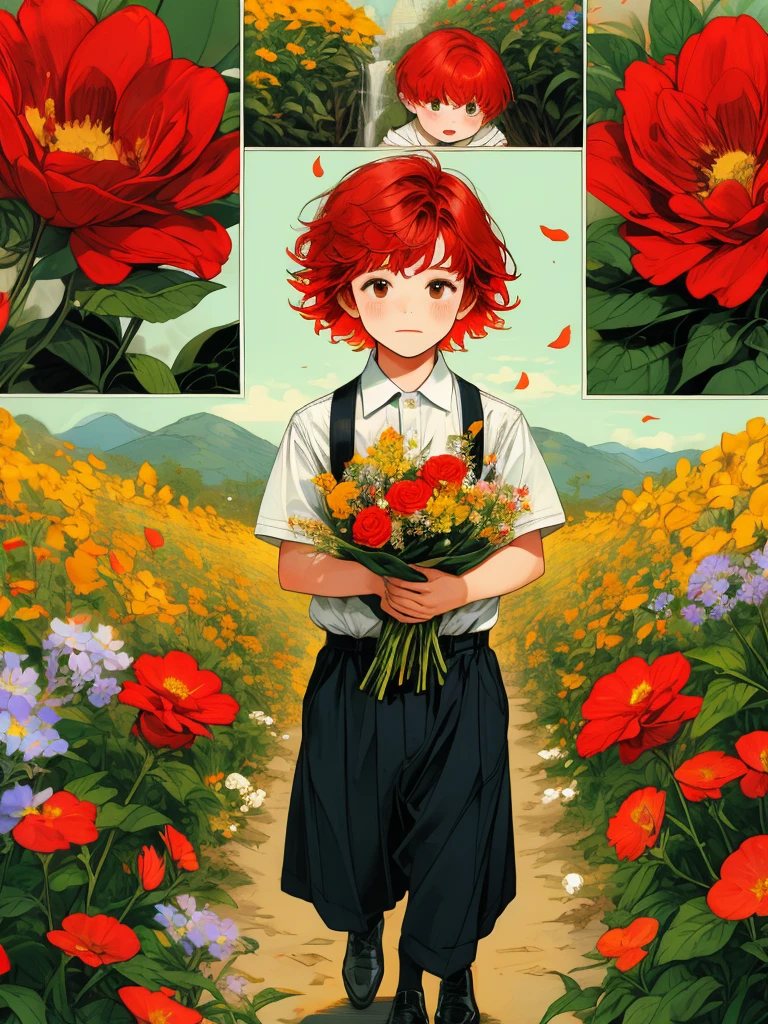 masterpiece, collage of little boy holding flowers, happy, short red hair