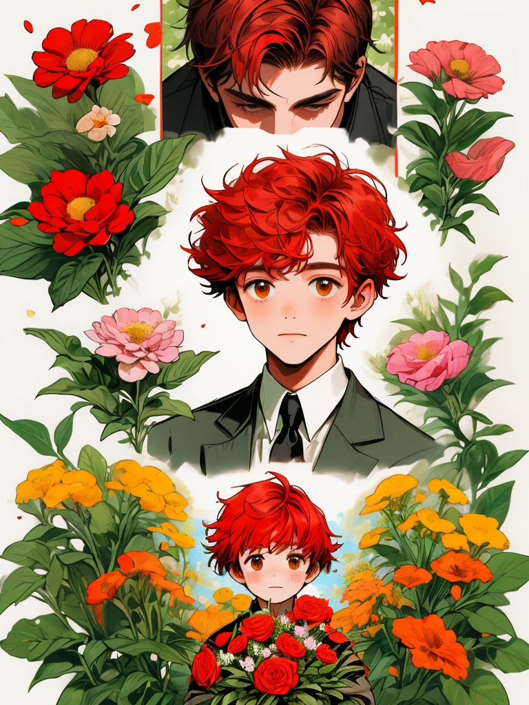 masterpiece, collage of little boy holding flowers, happy, short red hair