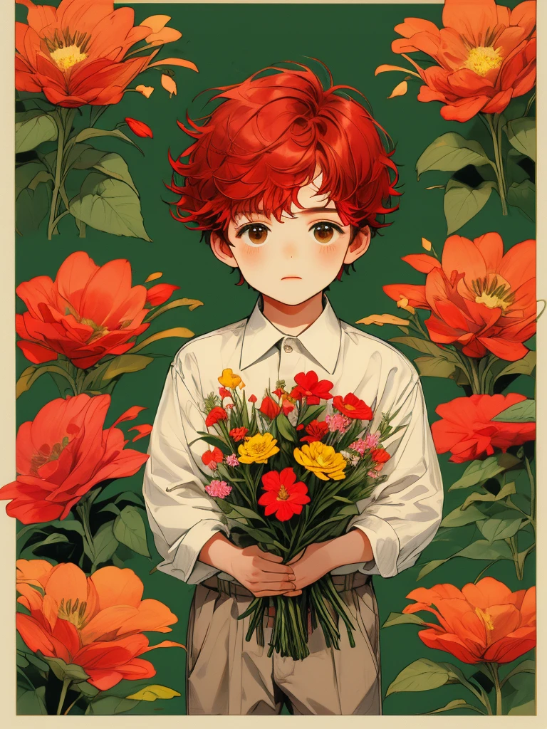 masterpiece, collage of little boy holding flowers, happy, short red hair