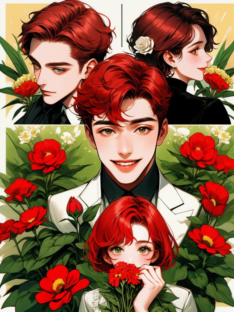 masterpiece, collage of little boy holding flowers, happy, short red hair