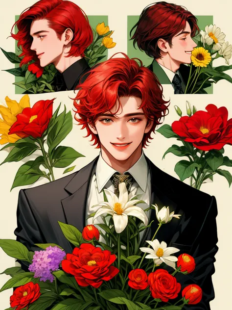 masterpiece, collage of a man holding flowers, short red hair, happy, colorful flowers