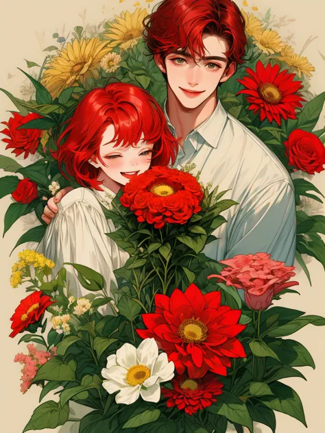 masterpiece, collage of a man holding flowers, short red hair, happy, colorful flowers