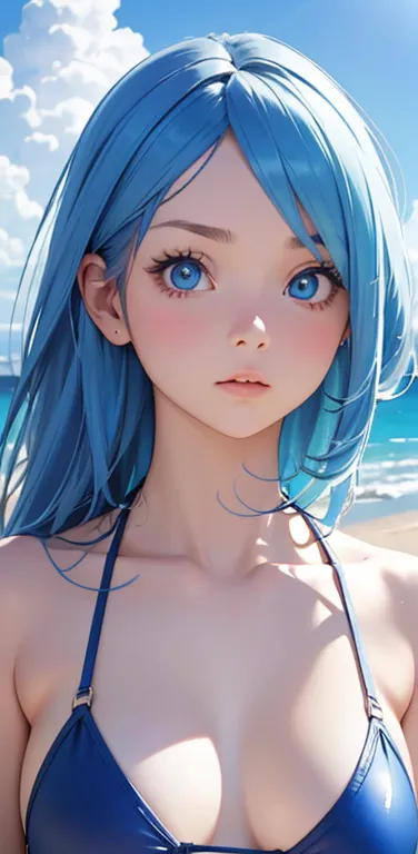 Realistic、1girl、blue hair、blue eyes、gradient eyes,(blue enamel bikini)、cute face,face focus,upper body:1.5,beach、wallpaper