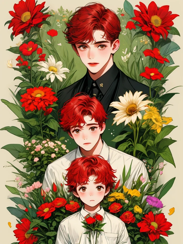 masterpiece, collage of little boy holding flowers, happy, short red hair