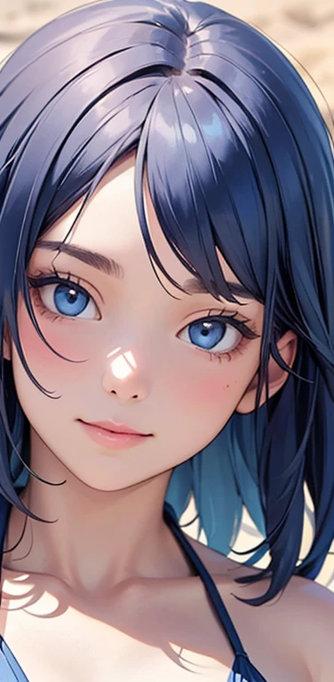 Realistic、1girl、blue hair、blue eyes、(gradient eyes),(blue enamel bikini)、happy,cute face,(face focus:1.5),upper body:1.5,beach、wallpaper