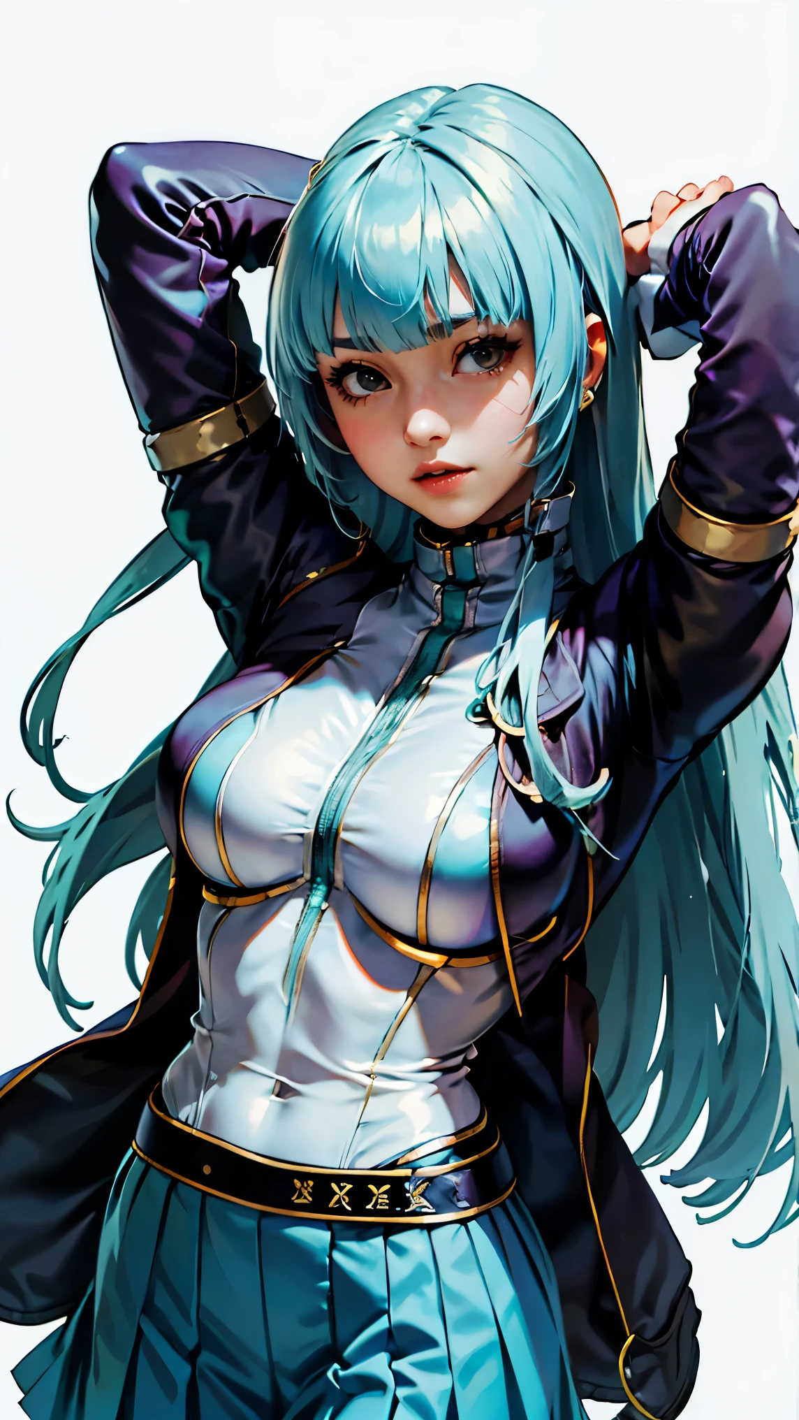 1girl, ((kula diamond:1.3)), solo, long hair, belt, simple background, breasts, blue hair, bangs, white background, sidelocks, medium breasts, ((aqua hair:1.2)), ((school uniform:1.4))