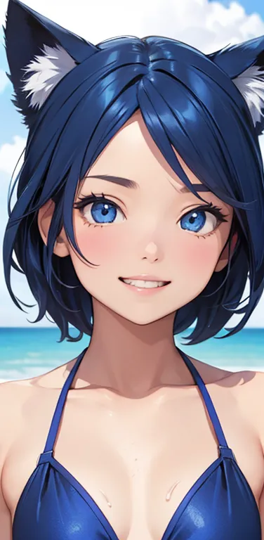 Realistic、1girl、blue hair、blue eyes、(gradient eyes),(blue enamel bikini)、grin,forehead,cute face,(face focus:1.3),upper body:1.5...