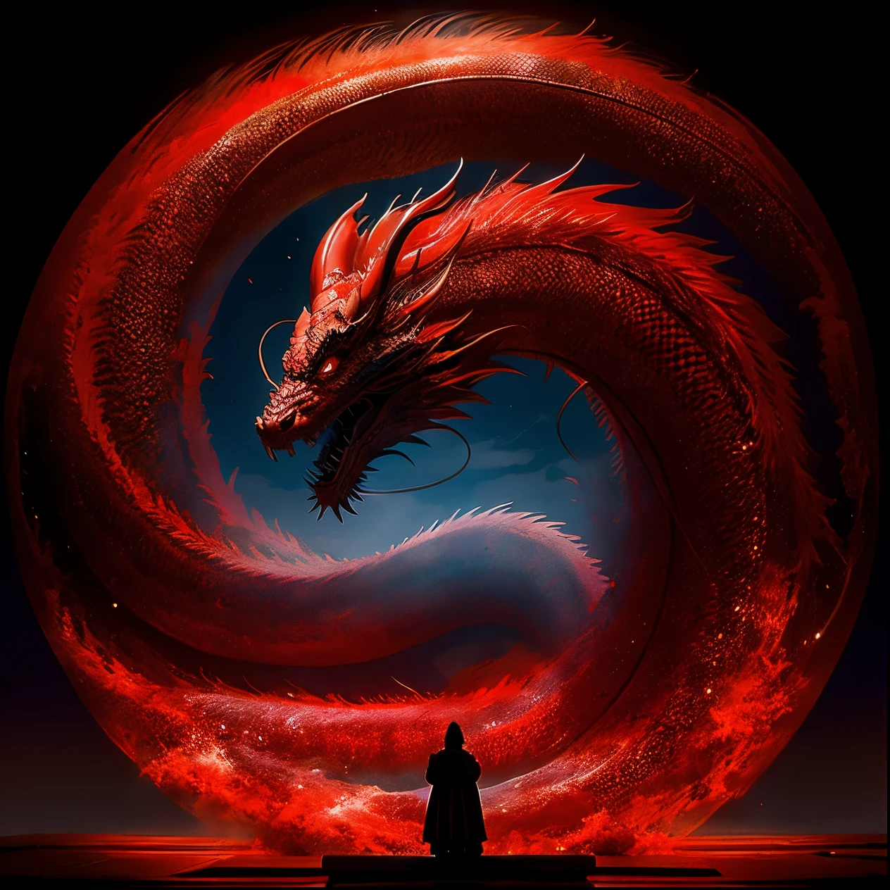 Chinese style, high red wall, round arch, Chinese mythology, a long blue/red Chinese dragon, auspicious omen, dragon ball, hovering, majestic, mysterious, auspicious clouds, glowing effect, shrouded in mist, thick clouds , architecture, medium shots, full-body portraits, highly detailed surreal visual effects, oc promotion conferences,