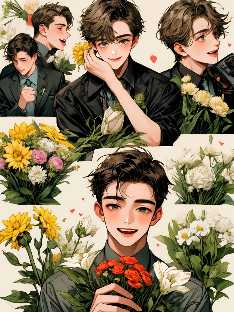 masterpiece, collage of teenage boy holding flowers, happy
