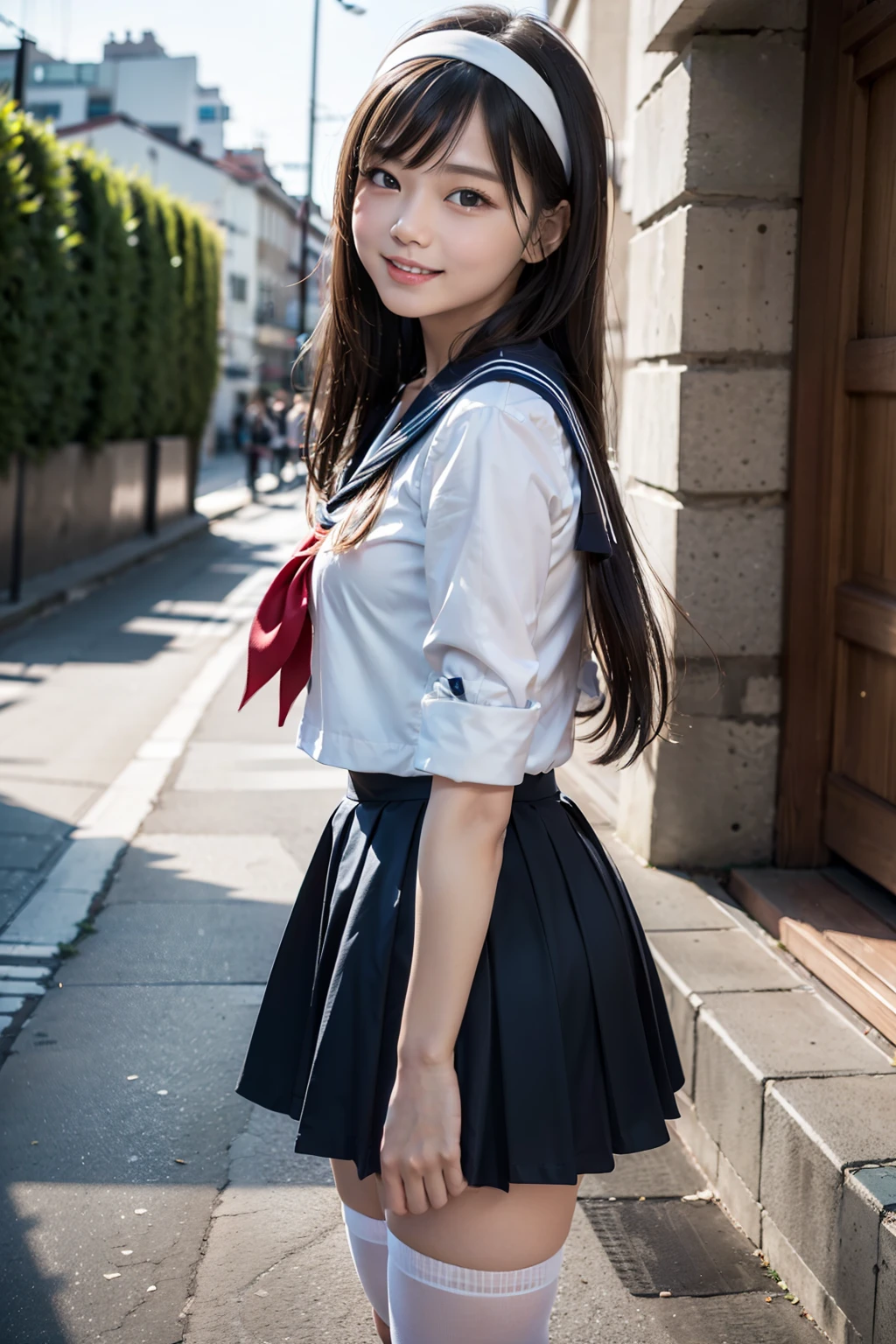 8k, highest quality, masterpiece, Super detailed, ultra high resolution, realistic, RAW photo, absolute resolution, (High-definition CG Unity 8k), (highest quality)，(very detailed)，(ultra high resolution), black hair, sailor suit, Navy blue sailor suit, High school girl wearing a sailor suit, dark blue skirt, 3D rendering, Realistic young girl , ((white headband)), small breasts, expensive, slanted eyes, (school scenery), black stockings, during the day, open your mouth a little, smile, straight hair, long hair, Detailed view of the face, small face compared to body, 