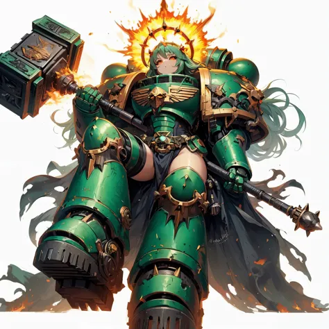 
Masterpiece, best quality, ultra-detailed, anime style, full body of space marine girl, green ganoid scale power armor, warhammer 40K, head on burning flame crown, pale black skin and red eyes, held huge hammer, wearing raised boots, supernatural flame, 8...