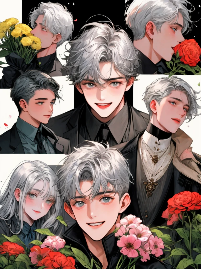 masterpiece, collage of teenage boy holding flowers, happy, silver hair