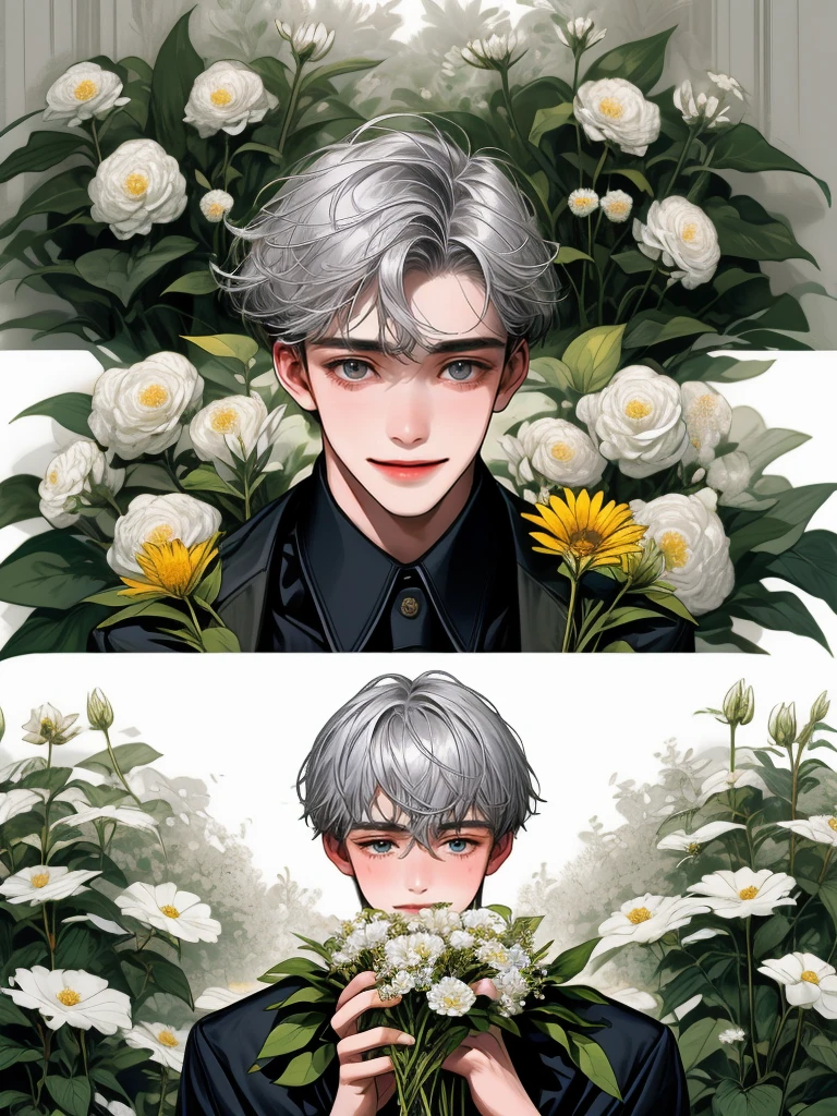 masterpiece, collage of teenage boy holding flowers, happy, silver hair