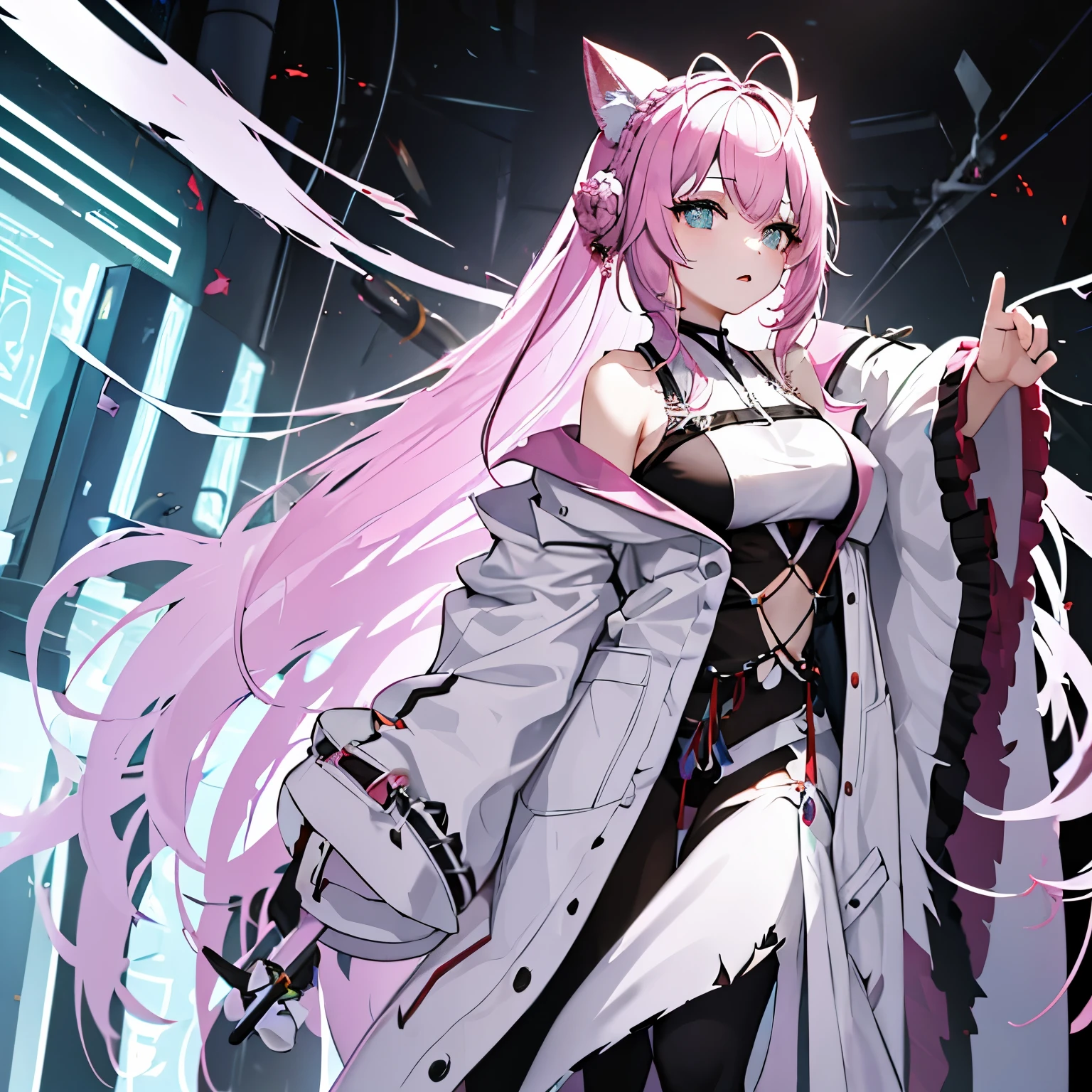 1 girl, alone, Xiao Lai, Tattered white robe, Sophisticated white lab coat, torn black, pink hair，Black tip, side braid, Long black hair with tips, Red and green eyes, Heterochromia, Serious expression, Alien laboratory in the background