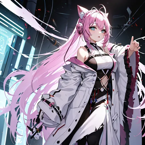 1 girl, alone, xiao lai, tattered white robe, sophisticated white lab coat, torn black, pink hair，black tip, side braid, long bl...