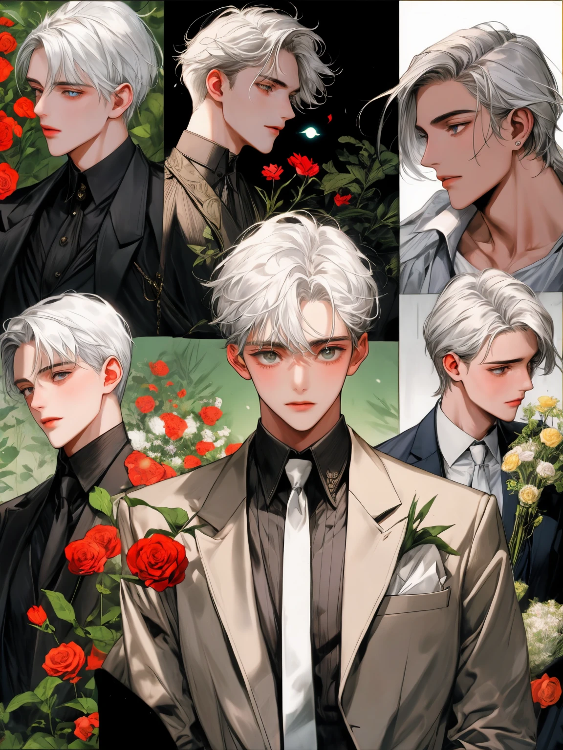 masterpiece, collage of teenage boy holding flowers, happy, silver hair