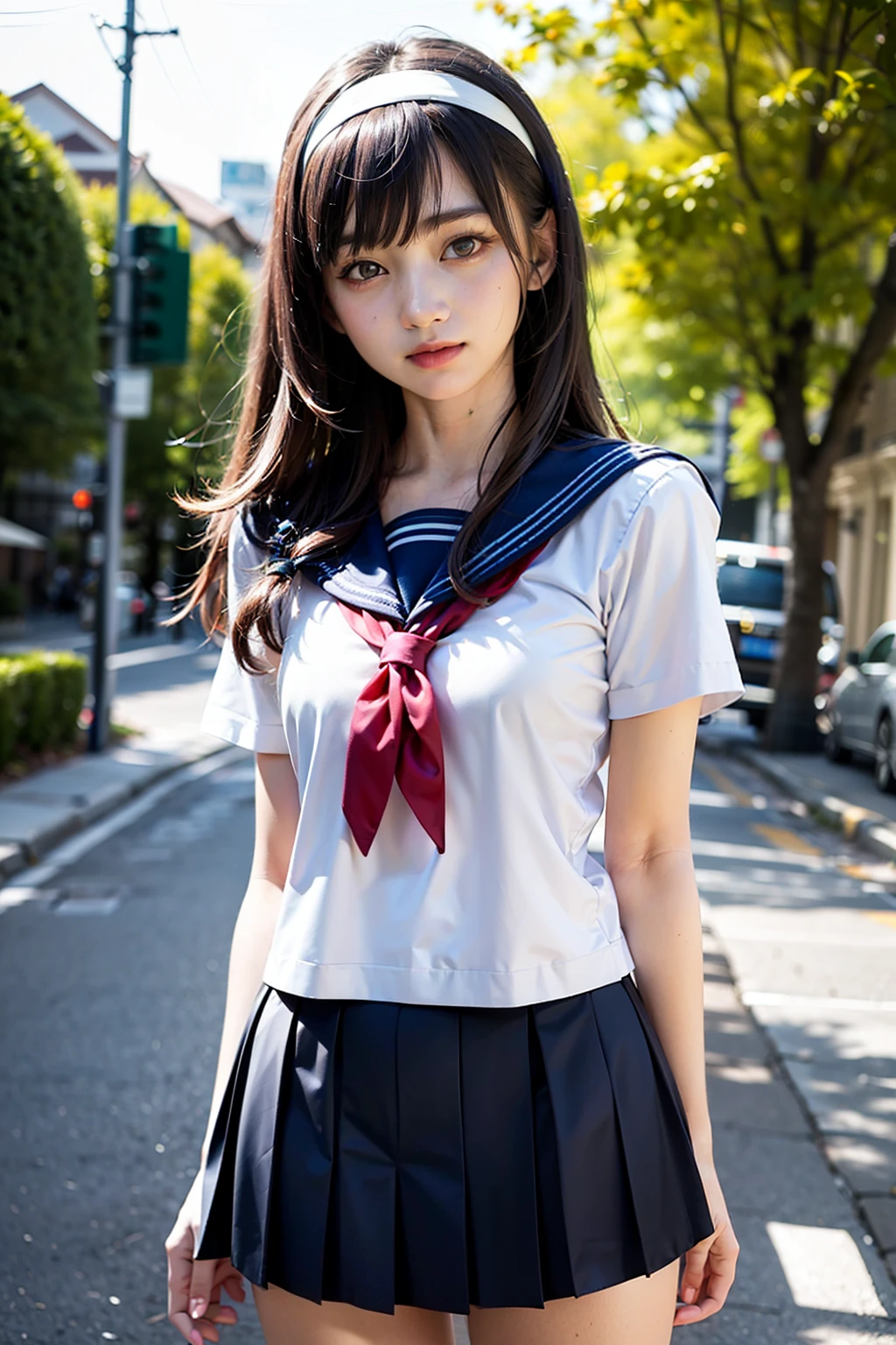 8K, highest quality, masterpiece, Super detailed, ultra high resolution, realistic, RAW photo, absolute resolution, Body 8 times longer than head, (High-definition CG Unity 8K), (highest quality)，(very detailed)，(ultra high resolution), black hair, sailor suit, 紺色のsailor suit, sailor suitを着た女子高生, dark blue skirt, anime 2d rendering, realistic young anime , ((white headband)), small breasts, expensive, slanted eyes, (school scenery), black stockings, during the day, open your mouth a little, smile, straight hair, long hair, Detailed view of the face, small face compared to body,