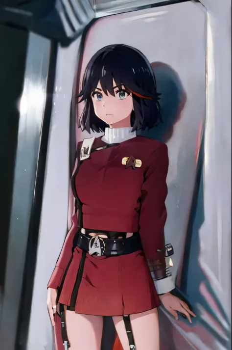 (((pixel-perfect, detail-perfect))), solo, 1girl,  ryuuko matoi,  serafuku, suspenders, navel, closed mouth, v eyebrows, looking at viewers twokunf uniform with belt
