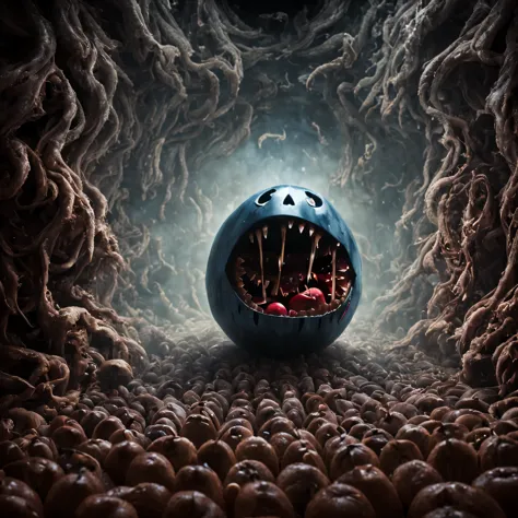 ((pacman)), pacman inside a liminal space of nightmares in a dark butchery, dynamic lighting, trending on art station, stunning visuals, foggy, creative, cinematic, ultra detailed, atmospherical, ambient lighting, scary art, heavy film grain, desaturated
