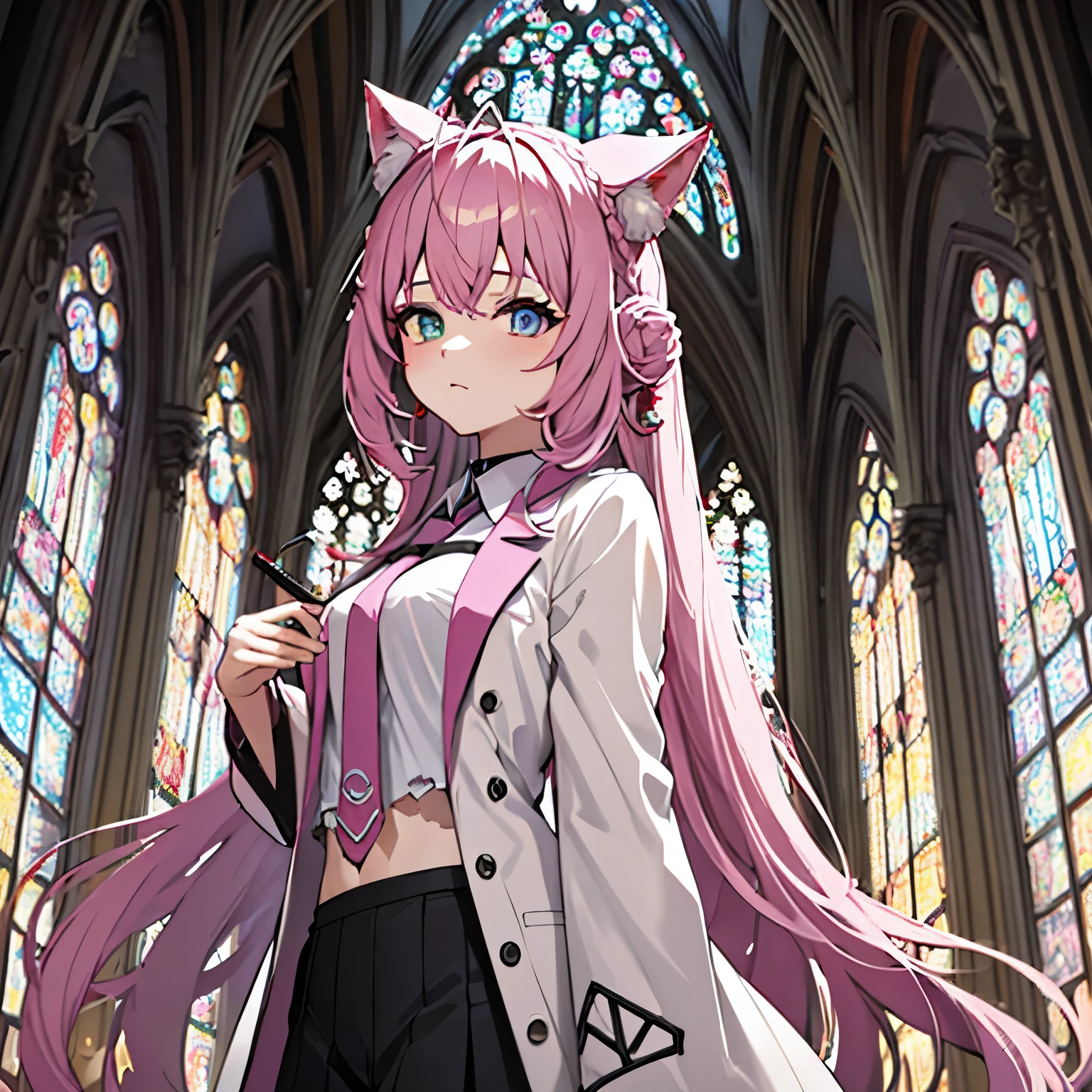 1 girl, alone, Xiao Lai, Tattered white robe, Sophisticated white lab coat, torn black, pink hair，Black tip, side braid, Long black hair with tips, Red and green eyes, Heterochromia, Serious expression, church，