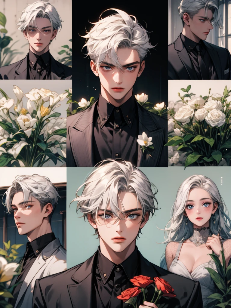 masterpiece, collage of teenage boy holding flowers,  white hair, happy