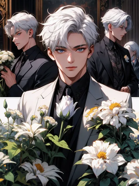 masterpiece, collage of teenage boy holding flowers,  white hair