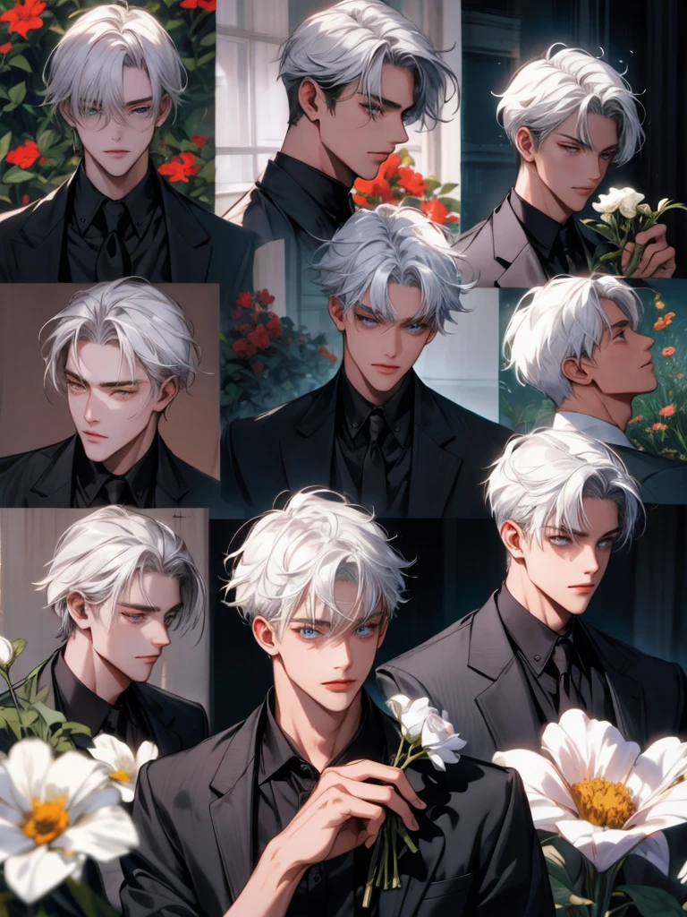 masterpiece, collage of teenage boy holding flowers,  white hair, happy