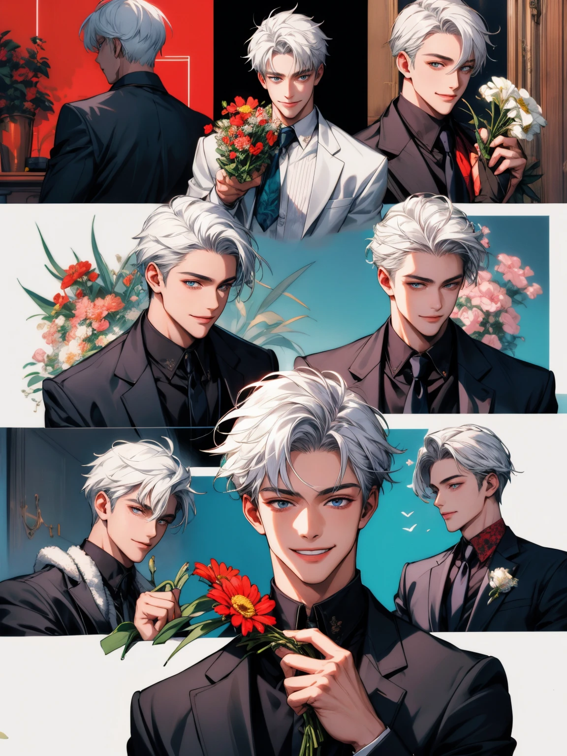 masterpiece, collage of teenage boy holding flowers,  white hair, happy