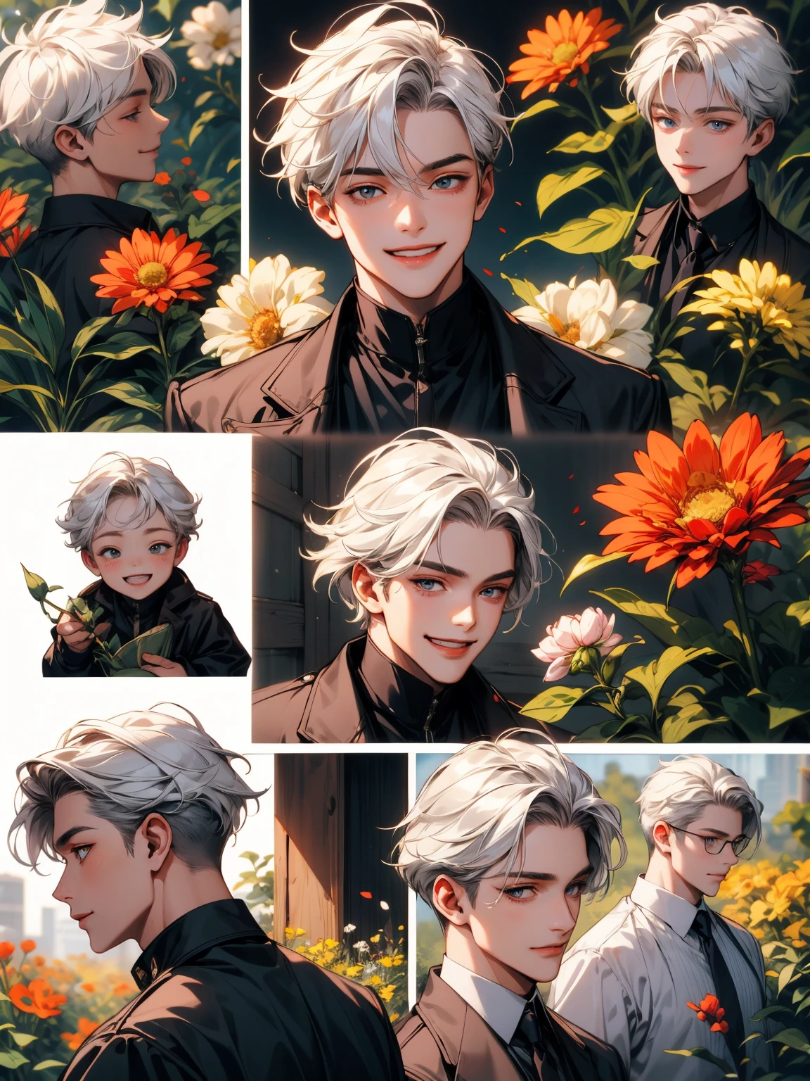 masterpiece, collage of teenage boy holding flowers,  white hair, happy