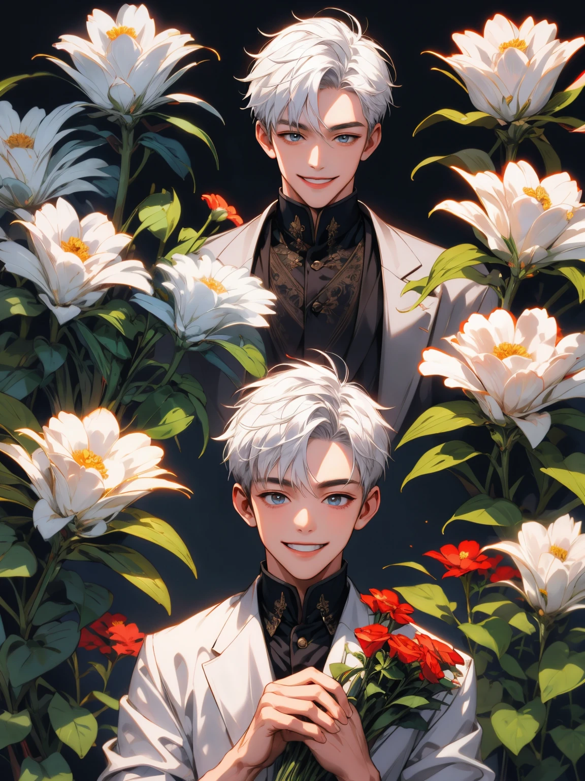 masterpiece, collage of teenage boy holding flowers,  white hair, happy