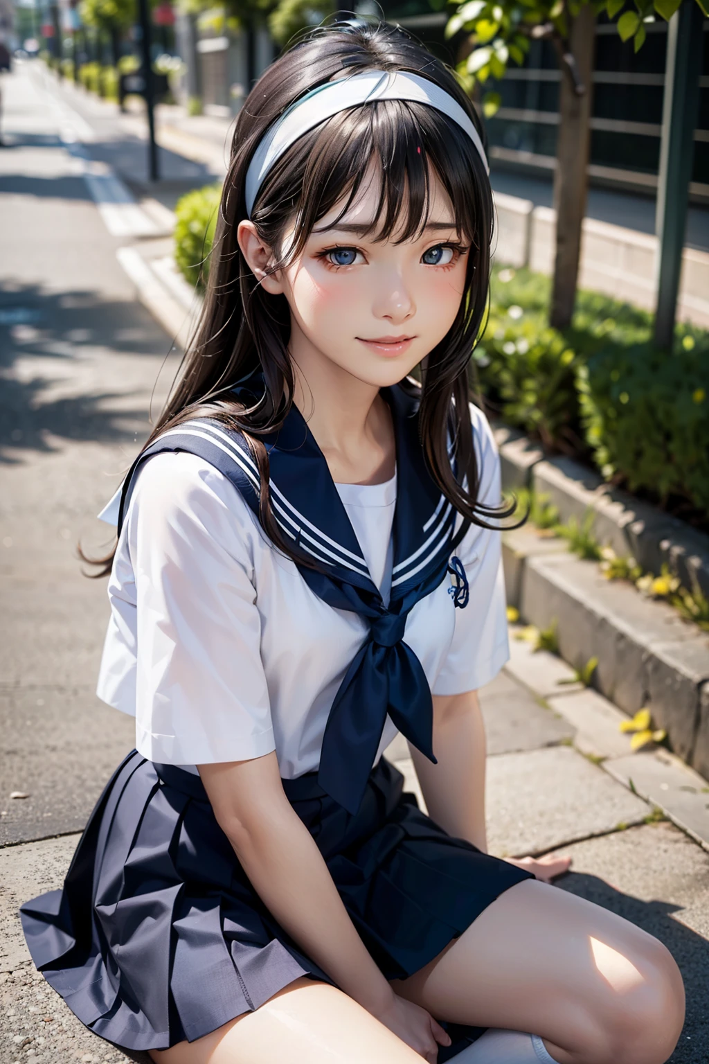 8K, highest quality, masterpiece, Super detailed, ultra high resolution, realistic, RAW photo, absolute resolution, Body 8 times longer than head, (High-definition CG Unity 8K), (highest quality)，(very detailed)，(ultra high resolution), black hair, sailor suit, 紺色のsailor suit, sailor suitを着た女子高生, dark blue skirt, anime 2d rendering, realistic young anime , ((white headband)), small breasts, expensive, slanted eyes, (school scenery), black stockings, during the day, open your mouth a little, smile, straight hair, long hair, Detailed view of the face, small face compared to body,